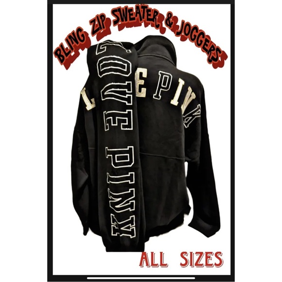 NEW VICTORIAS SECRET PINK BLING VARSITY FULL ZIP & LEGGINGS or JOGGERS 2PC SET - Picture 3 of 8